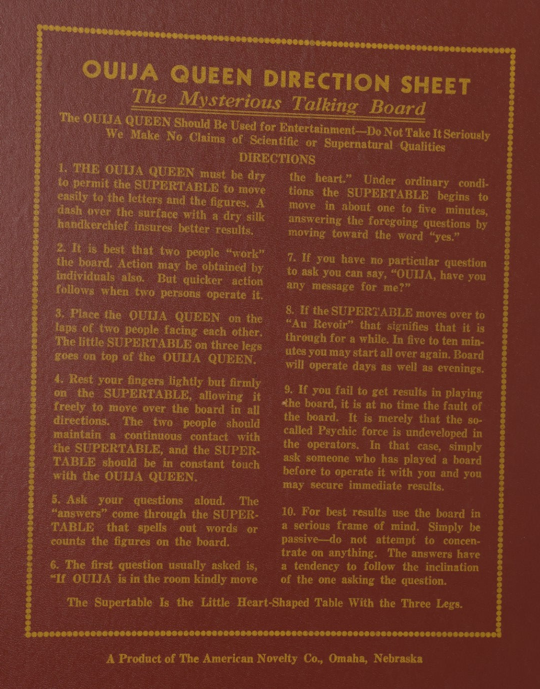 Lot 001 - Vintage Ouija Queen "The Mysterious Talking Board" With Partial Box With Devil Graphics, American Novelty Co., Omaha, Nebraska