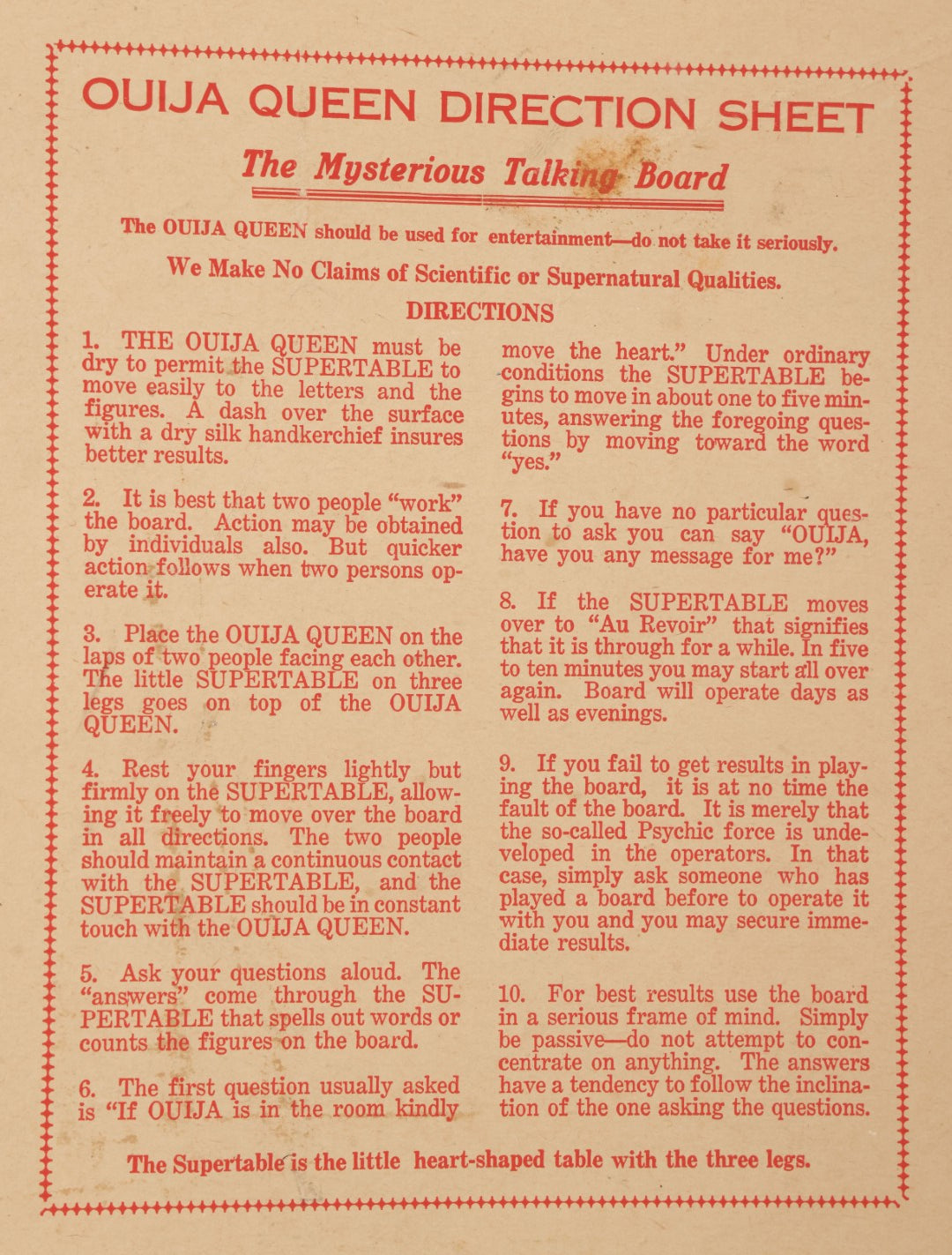 Lot 001 - Vintage Ouija Queen "The Mysterious Talking Board" With Partial Box With Devil Graphics, American Novelty Co., Omaha, Nebraska