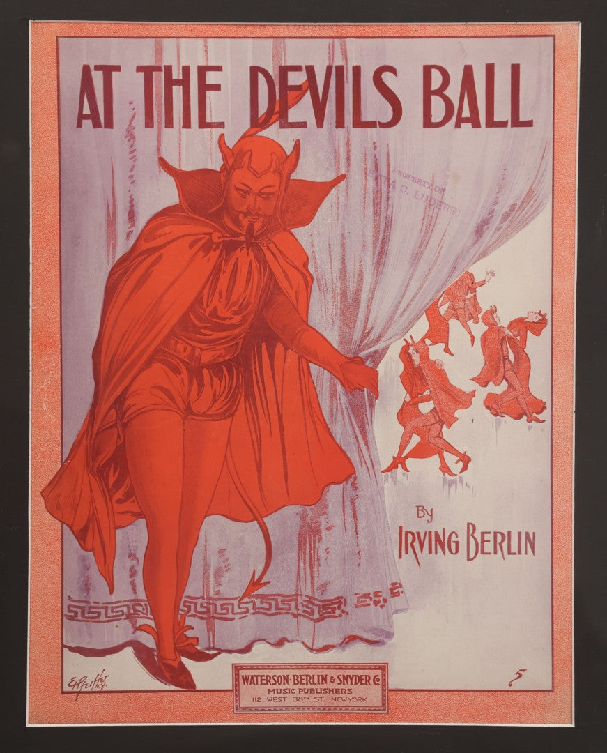 Lot 002 - Antique "At The Devil's Ball" Sheet Music By Irving Berlin With Mephisto Devil Character And Dancing Devils On Cover, Published By Waterson, Berlin, & Snyder Co., New York, New York, Cover Art By Edward H. Pfeiffer, Framed, 13-3/4" x 17-1/4"