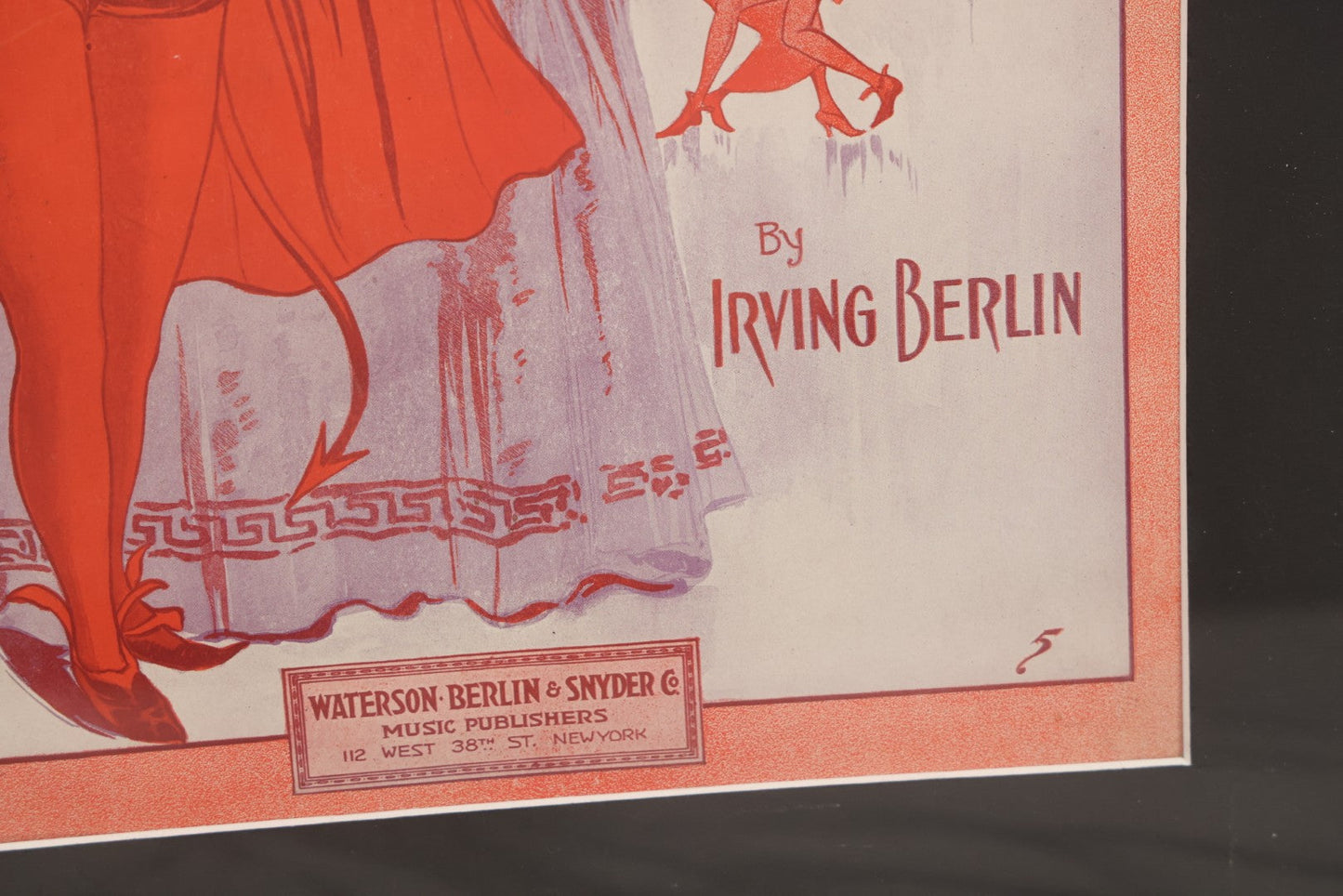 Lot 002 - Antique "At The Devil's Ball" Sheet Music By Irving Berlin With Mephisto Devil Character And Dancing Devils On Cover, Published By Waterson, Berlin, & Snyder Co., New York, New York, Cover Art By Edward H. Pfeiffer, Framed, 13-3/4" x 17-1/4"