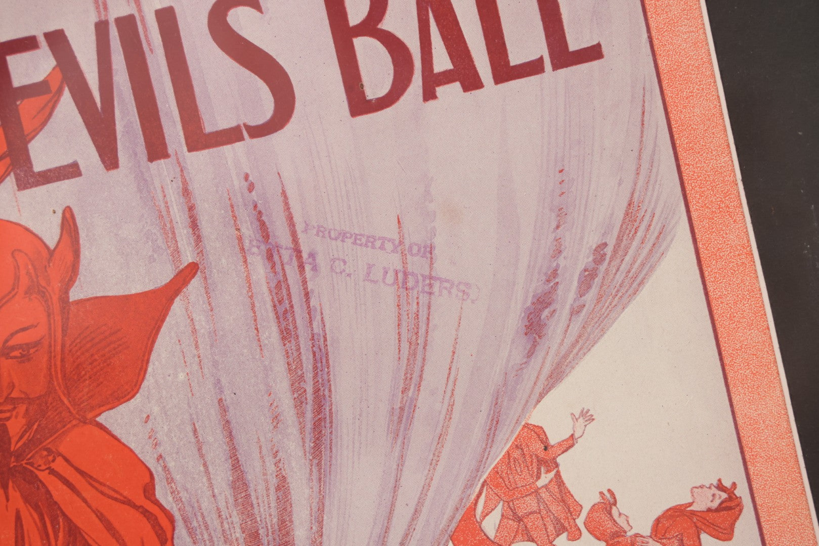 Lot 002 - Antique "At The Devil's Ball" Sheet Music By Irving Berlin With Mephisto Devil Character And Dancing Devils On Cover, Published By Waterson, Berlin, & Snyder Co., New York, New York, Cover Art By Edward H. Pfeiffer, Framed, 13-3/4" x 17-1/4"