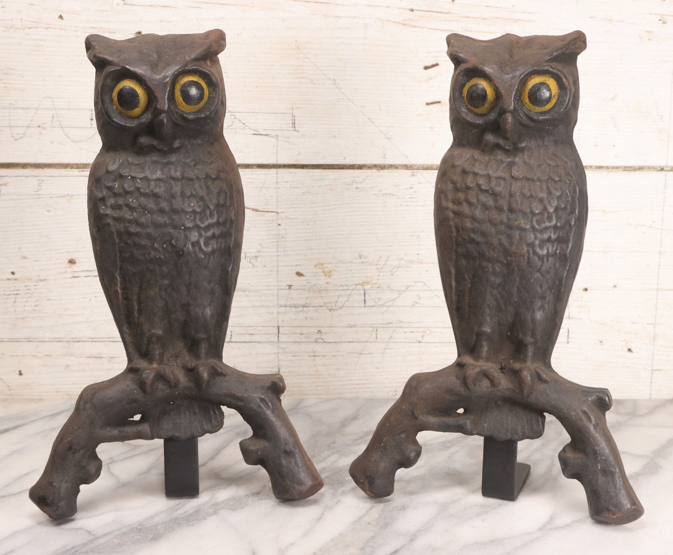 Lot 004 - Antique Cast Iron Owl Andirons With Painted Yellow Eyes, With Short Display Dogs, 13-1-2" H Each