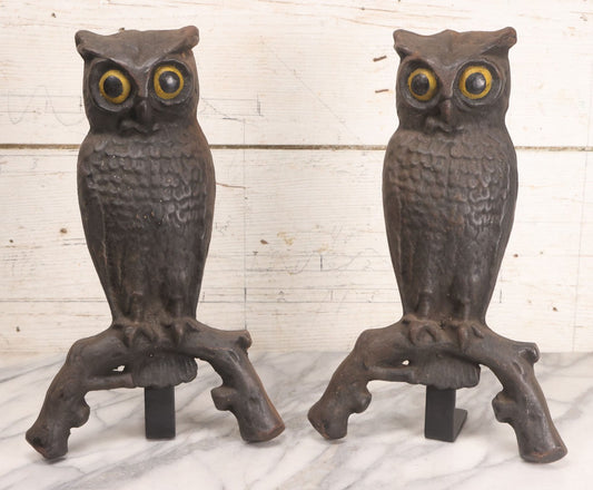 Lot 004 - Antique Cast Iron Owl Andirons With Painted Yellow Eyes, With Short Display Dogs, 13-1-2" H Each