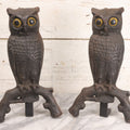 Lot 004 - Antique Cast Iron Owl Andirons With Painted Yellow Eyes, With Short Display Dogs, 13-1-2" H Each