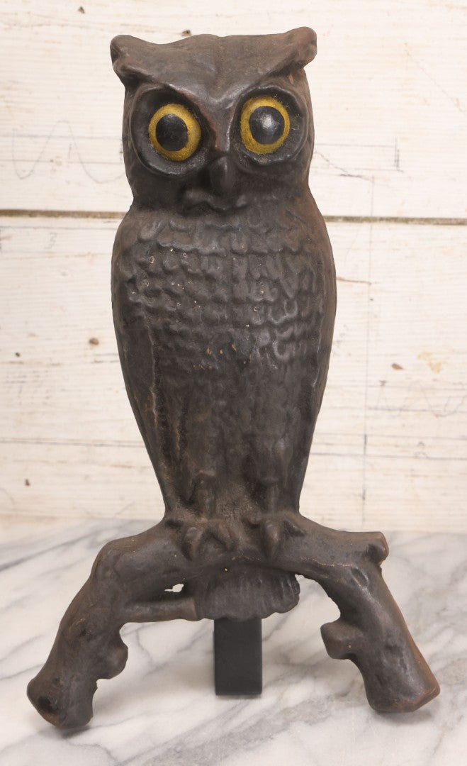 Lot 004 - Antique Cast Iron Owl Andirons With Painted Yellow Eyes, With Short Display Dogs, 13-1-2" H Each
