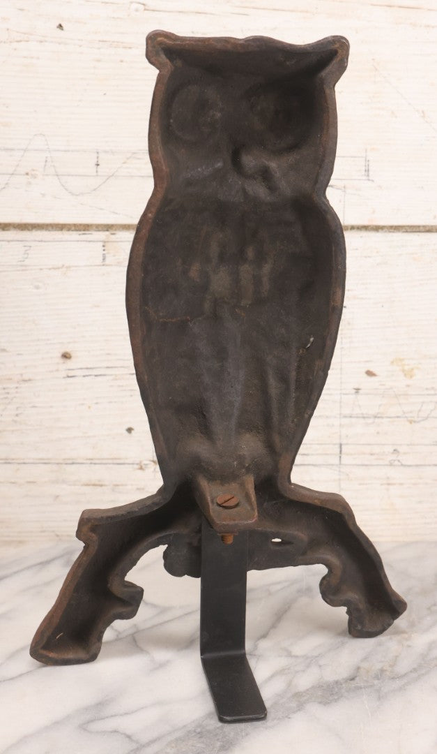 Lot 004 - Antique Cast Iron Owl Andirons With Painted Yellow Eyes, With Short Display Dogs, 13-1-2" H Each