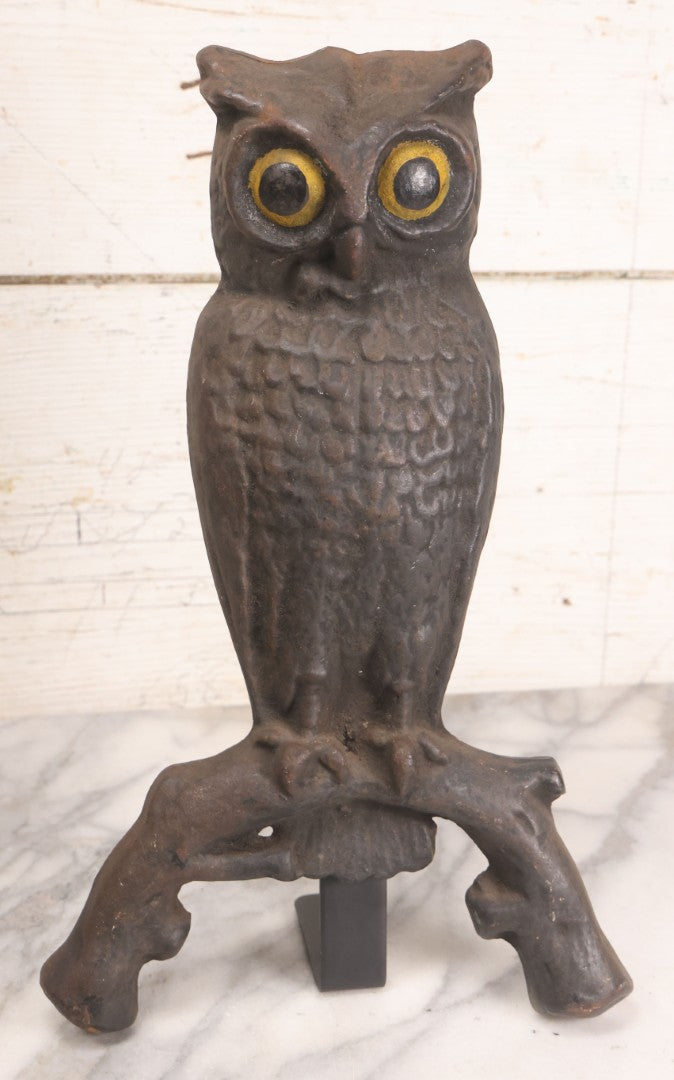 Lot 004 - Antique Cast Iron Owl Andirons With Painted Yellow Eyes, With Short Display Dogs, 13-1-2" H Each