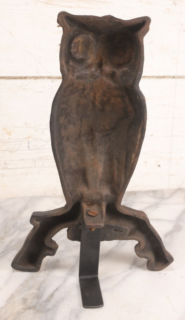 Lot 004 - Antique Cast Iron Owl Andirons With Painted Yellow Eyes, With Short Display Dogs, 13-1-2" H Each