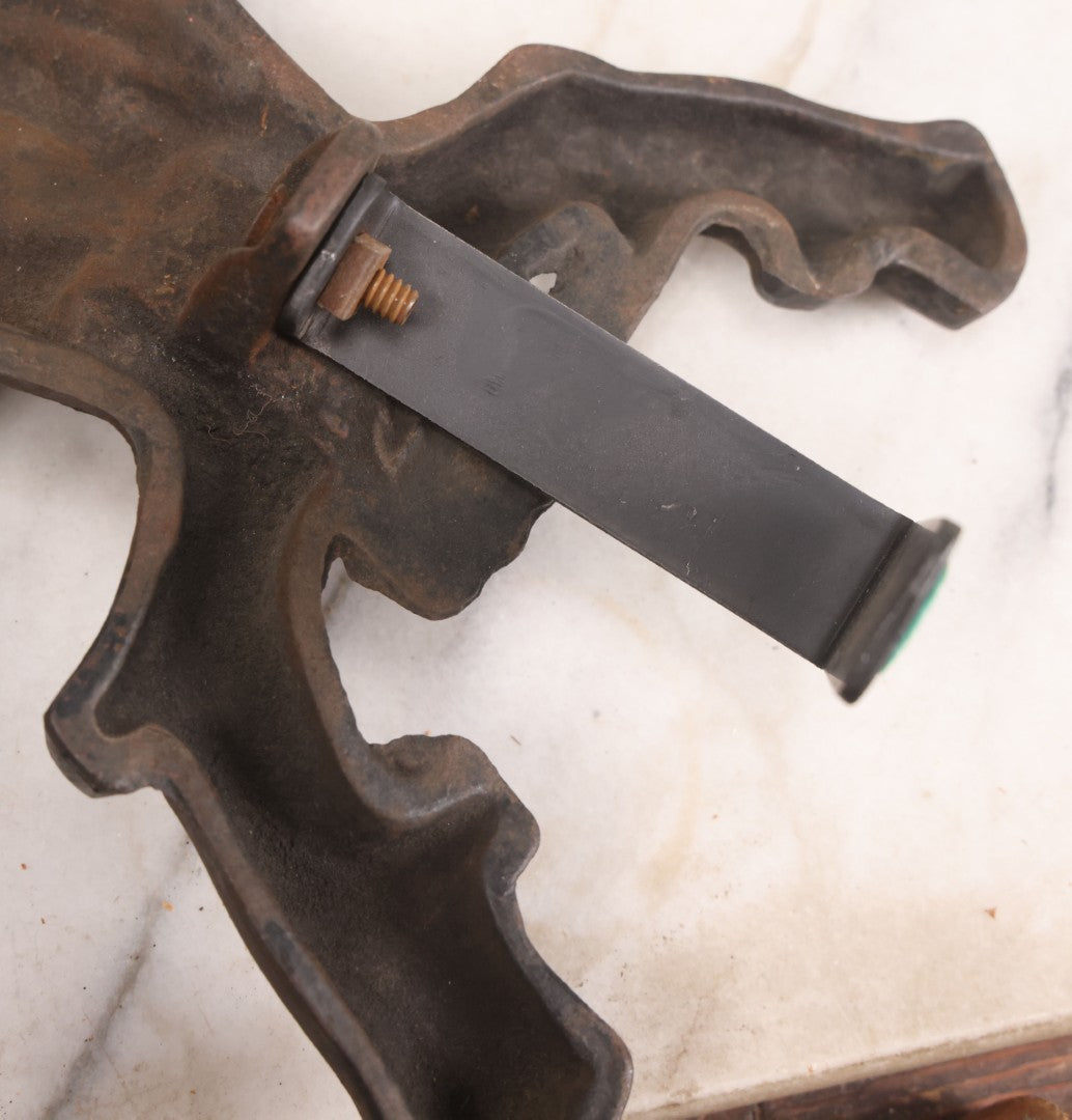 Lot 004 - Antique Cast Iron Owl Andirons With Painted Yellow Eyes, With Short Display Dogs, 13-1-2" H Each