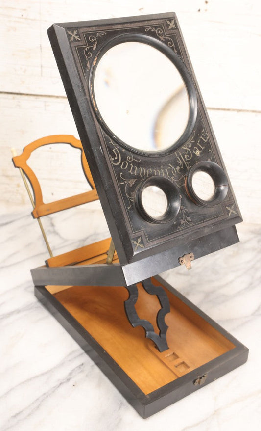 Lot 005 - Antique Black Lacquered Wooden Graphoscope Folding Table Top Stereo Card And Photograph Viewer "Souvenir De Paris", Note Center Lens Has Chip, 6-7/8" x 10-3/4"