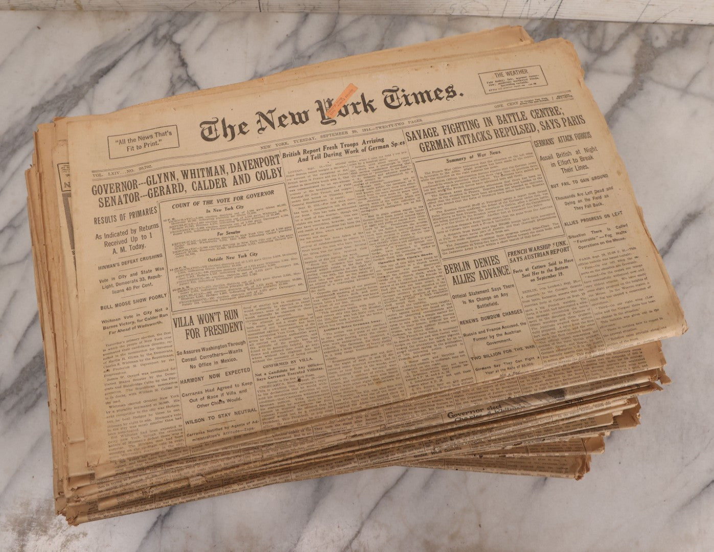 Lot 009 - Grouping Of Approximately 60 Antique New York Times Newspapers From 1914-1915 With Front Page World War I Headlines