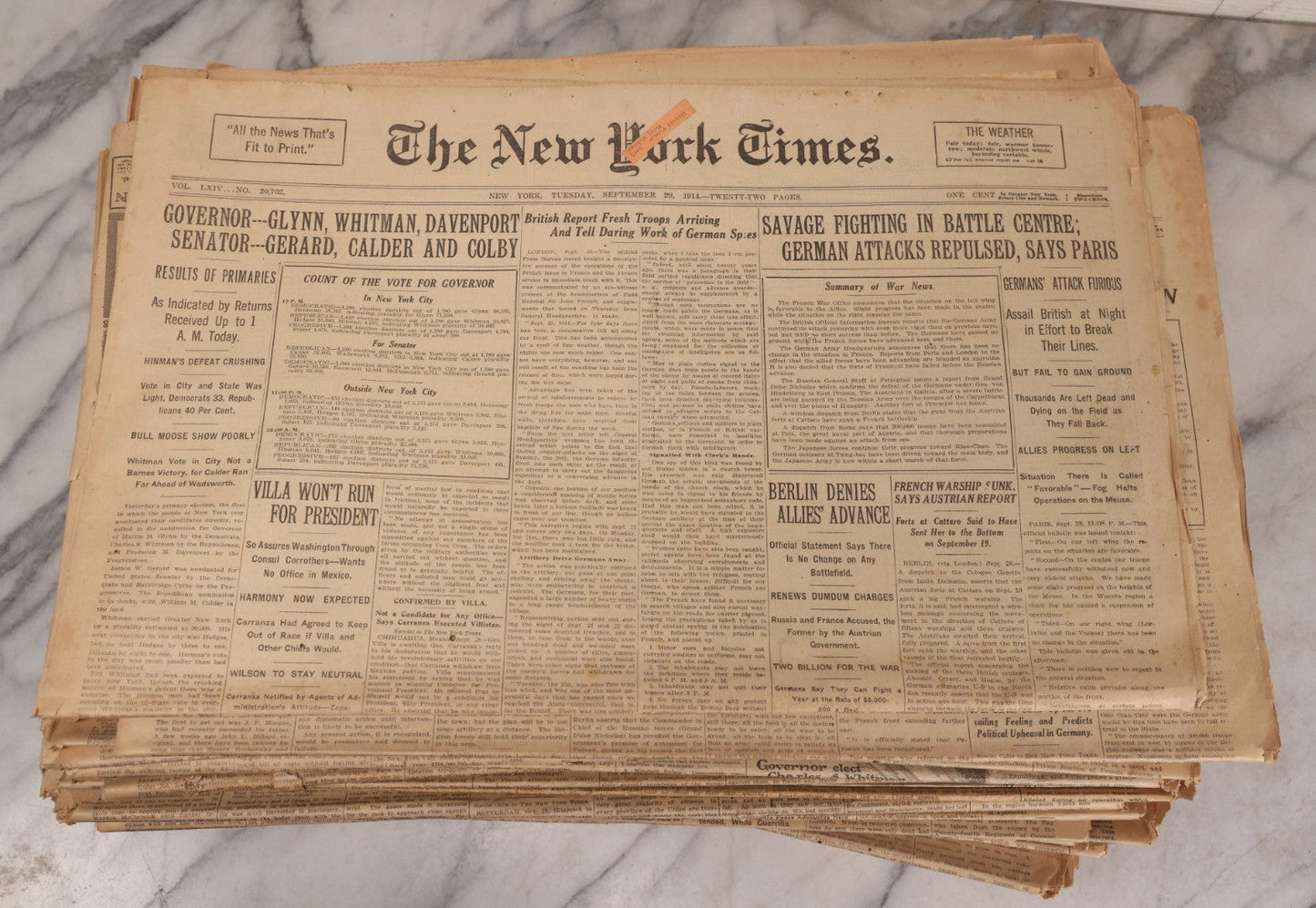 Lot 009 - Grouping Of Approximately 60 Antique New York Times Newspapers From 1914-1915 With Front Page World War I Headlines