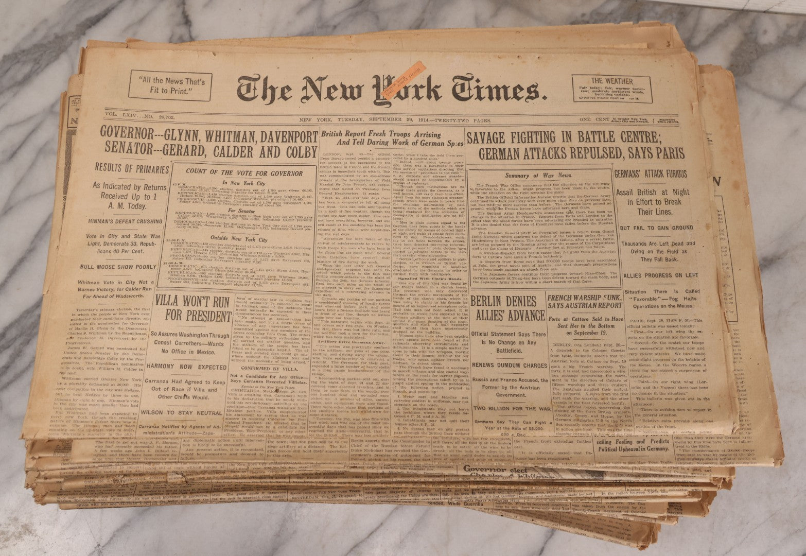 Lot 009 - Grouping Of Approximately 60 Antique New York Times Newspapers From 1914-1915 With Front Page World War I Headlines
