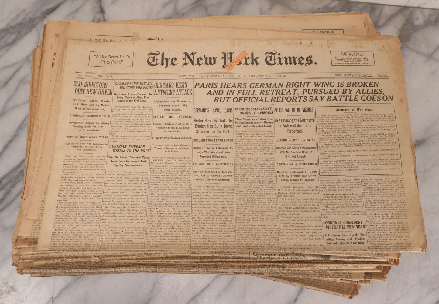 Lot 009 - Grouping Of Approximately 60 Antique New York Times Newspapers From 1914-1915 With Front Page World War I Headlines