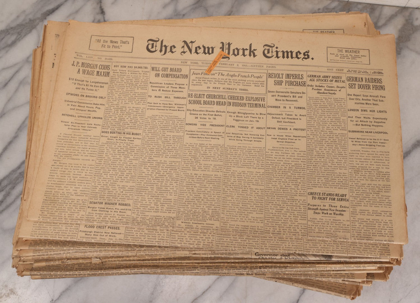 Lot 009 - Grouping Of Approximately 60 Antique New York Times Newspapers From 1914-1915 With Front Page World War I Headlines