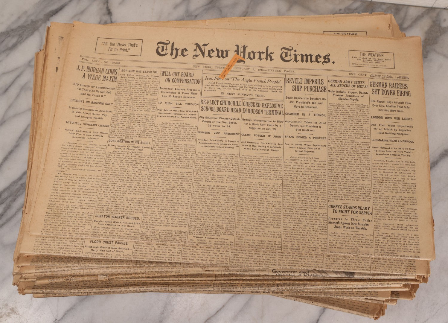 Lot 009 - Grouping Of Approximately 60 Antique New York Times Newspapers From 1914-1915 With Front Page World War I Headlines