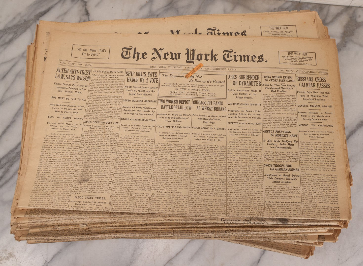 Lot 009 - Grouping Of Approximately 60 Antique New York Times Newspapers From 1914-1915 With Front Page World War I Headlines