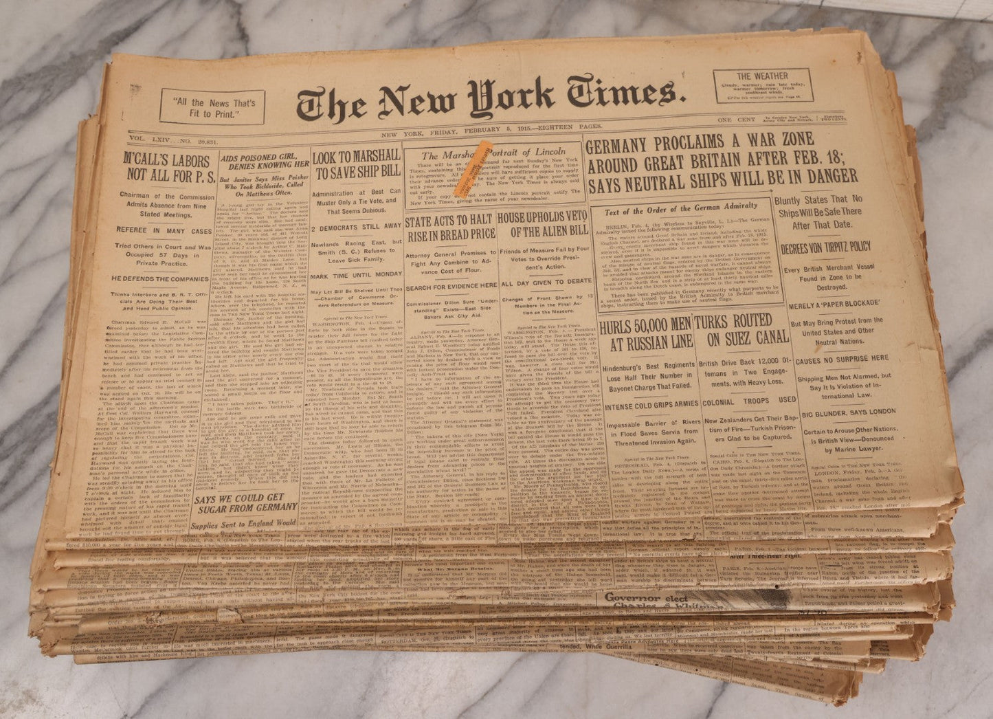 Lot 009 - Grouping Of Approximately 60 Antique New York Times Newspapers From 1914-1915 With Front Page World War I Headlines