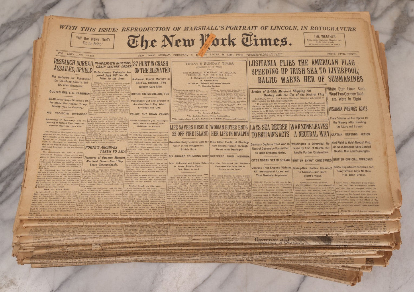 Lot 009 - Grouping Of Approximately 60 Antique New York Times Newspapers From 1914-1915 With Front Page World War I Headlines