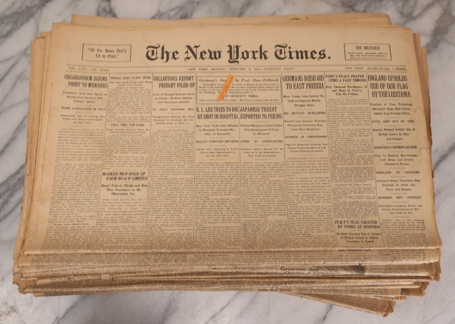 Lot 009 - Grouping Of Approximately 60 Antique New York Times Newspapers From 1914-1915 With Front Page World War I Headlines