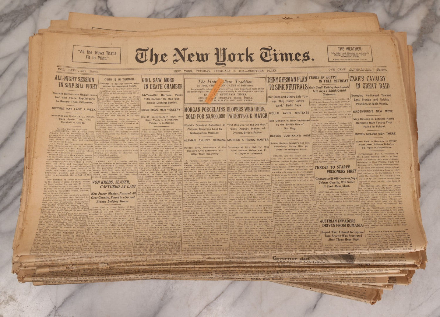Lot 009 - Grouping Of Approximately 60 Antique New York Times Newspapers From 1914-1915 With Front Page World War I Headlines