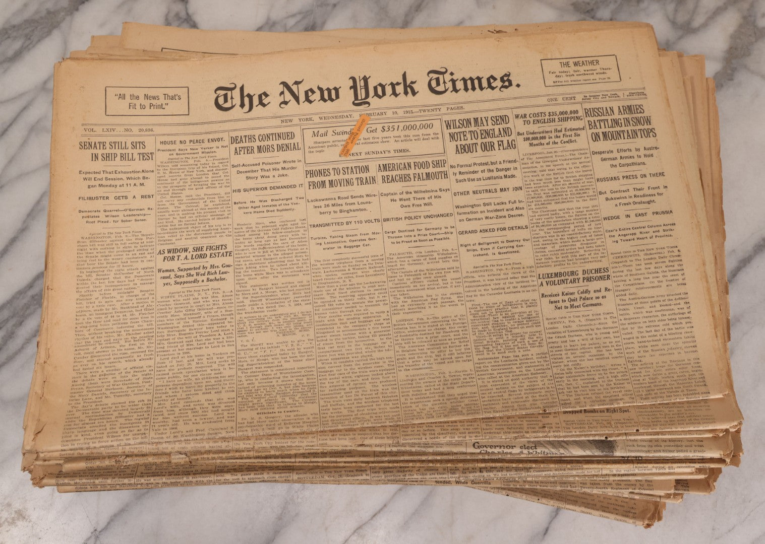 Lot 009 - Grouping Of Approximately 60 Antique New York Times Newspapers From 1914-1915 With Front Page World War I Headlines