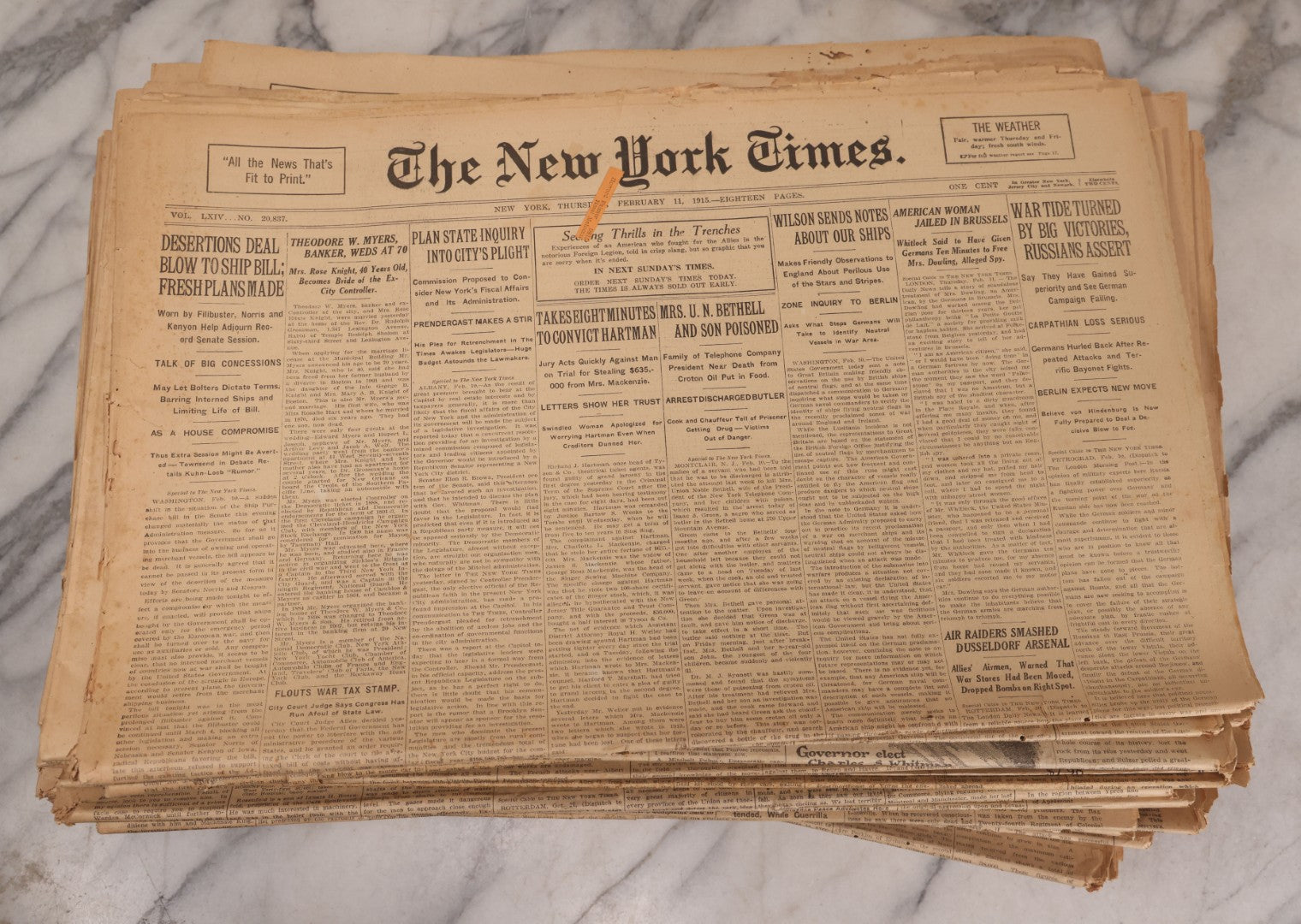 Lot 009 - Grouping Of Approximately 60 Antique New York Times Newspapers From 1914-1915 With Front Page World War I Headlines