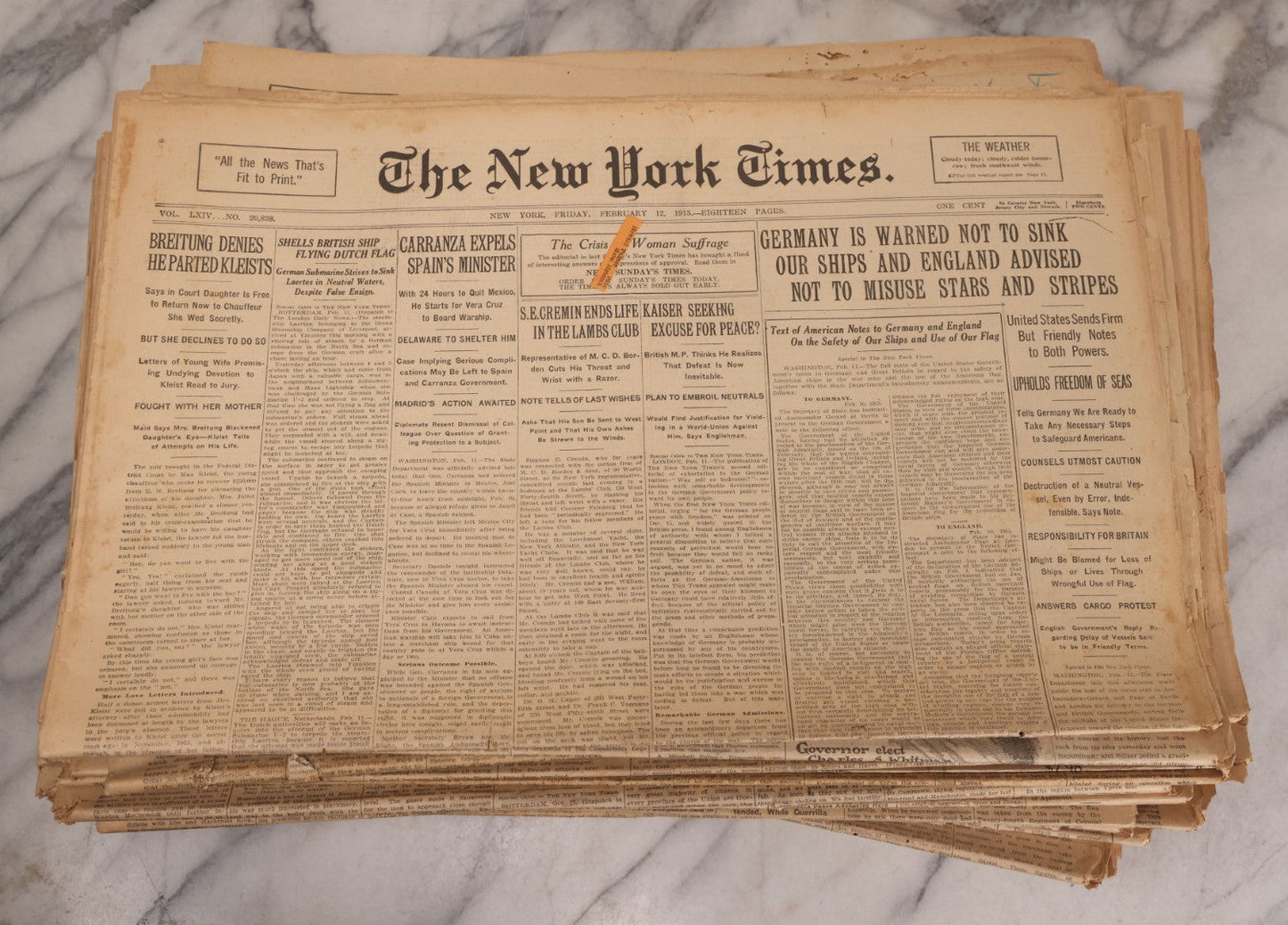 Lot 009 - Grouping Of Approximately 60 Antique New York Times Newspapers From 1914-1915 With Front Page World War I Headlines