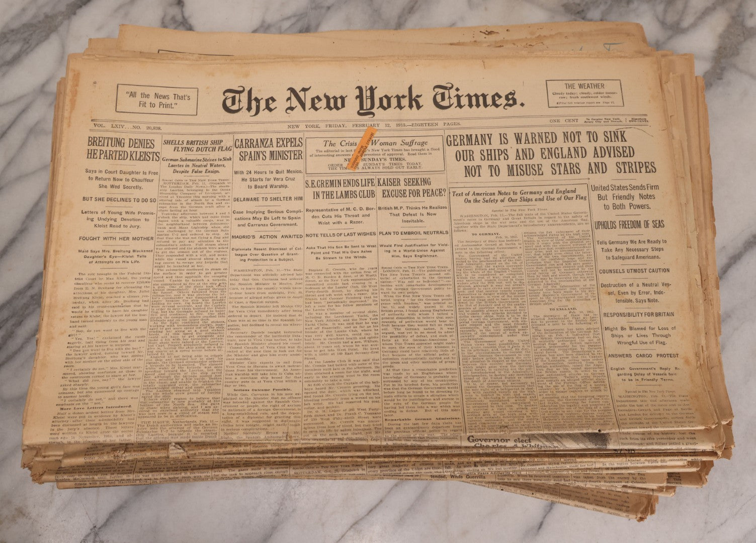 Lot 009 - Grouping Of Approximately 60 Antique New York Times Newspapers From 1914-1915 With Front Page World War I Headlines