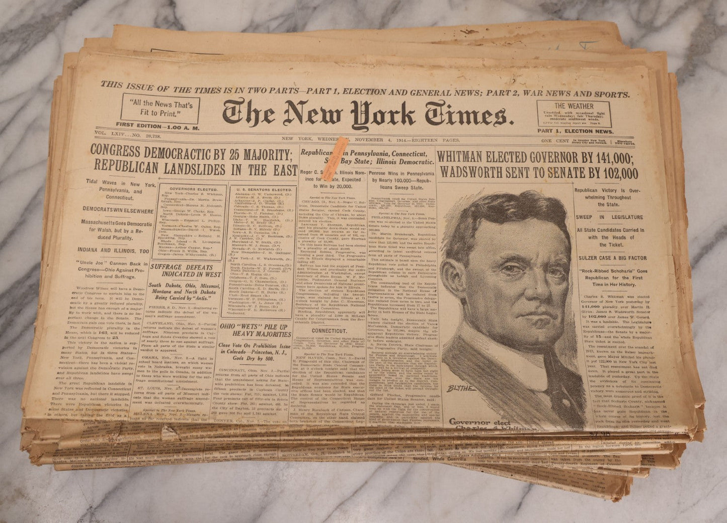 Lot 009 - Grouping Of Approximately 60 Antique New York Times Newspapers From 1914-1915 With Front Page World War I Headlines