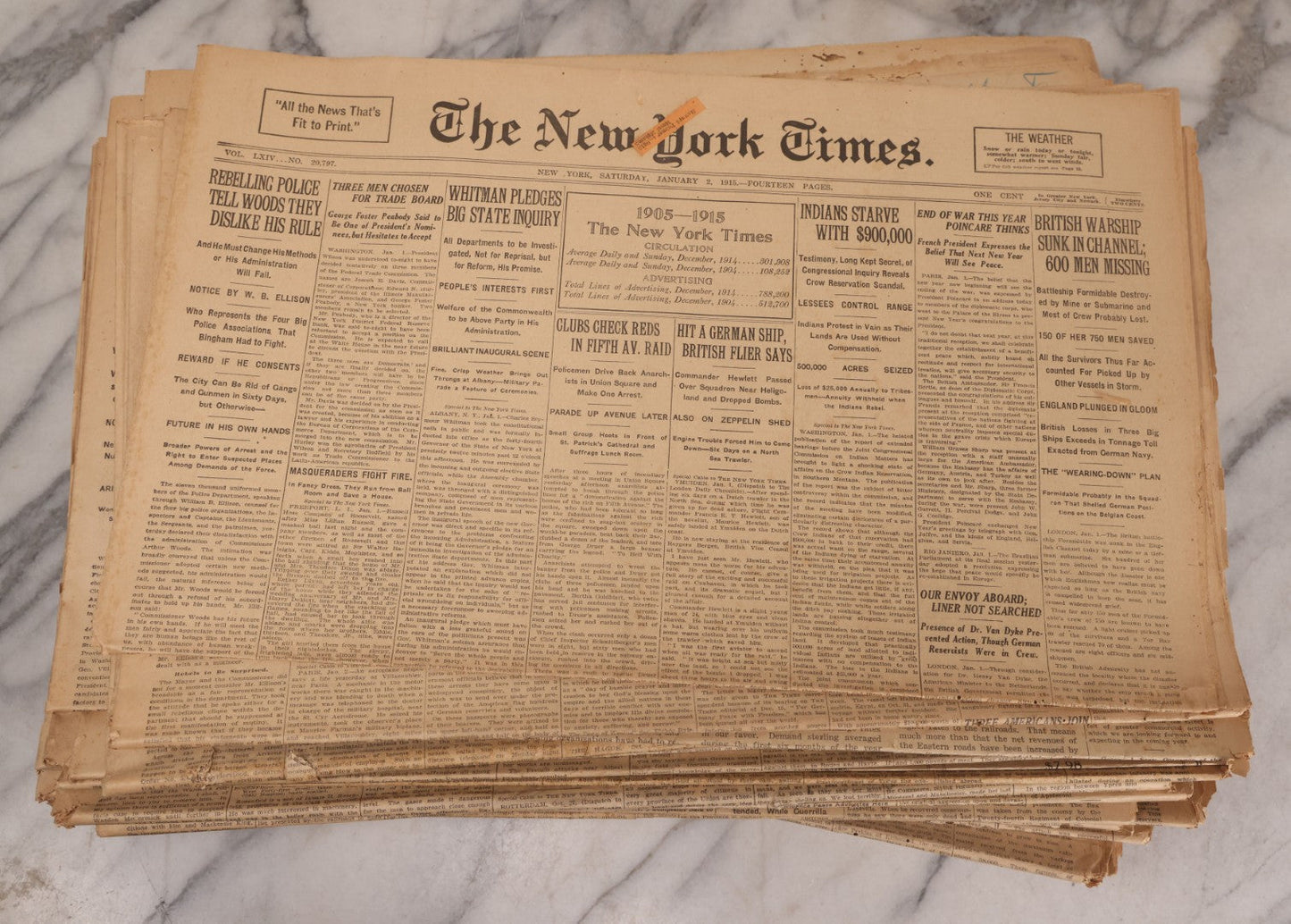 Lot 009 - Grouping Of Approximately 60 Antique New York Times Newspapers From 1914-1915 With Front Page World War I Headlines
