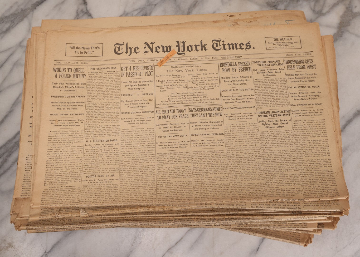 Lot 009 - Grouping Of Approximately 60 Antique New York Times Newspapers From 1914-1915 With Front Page World War I Headlines