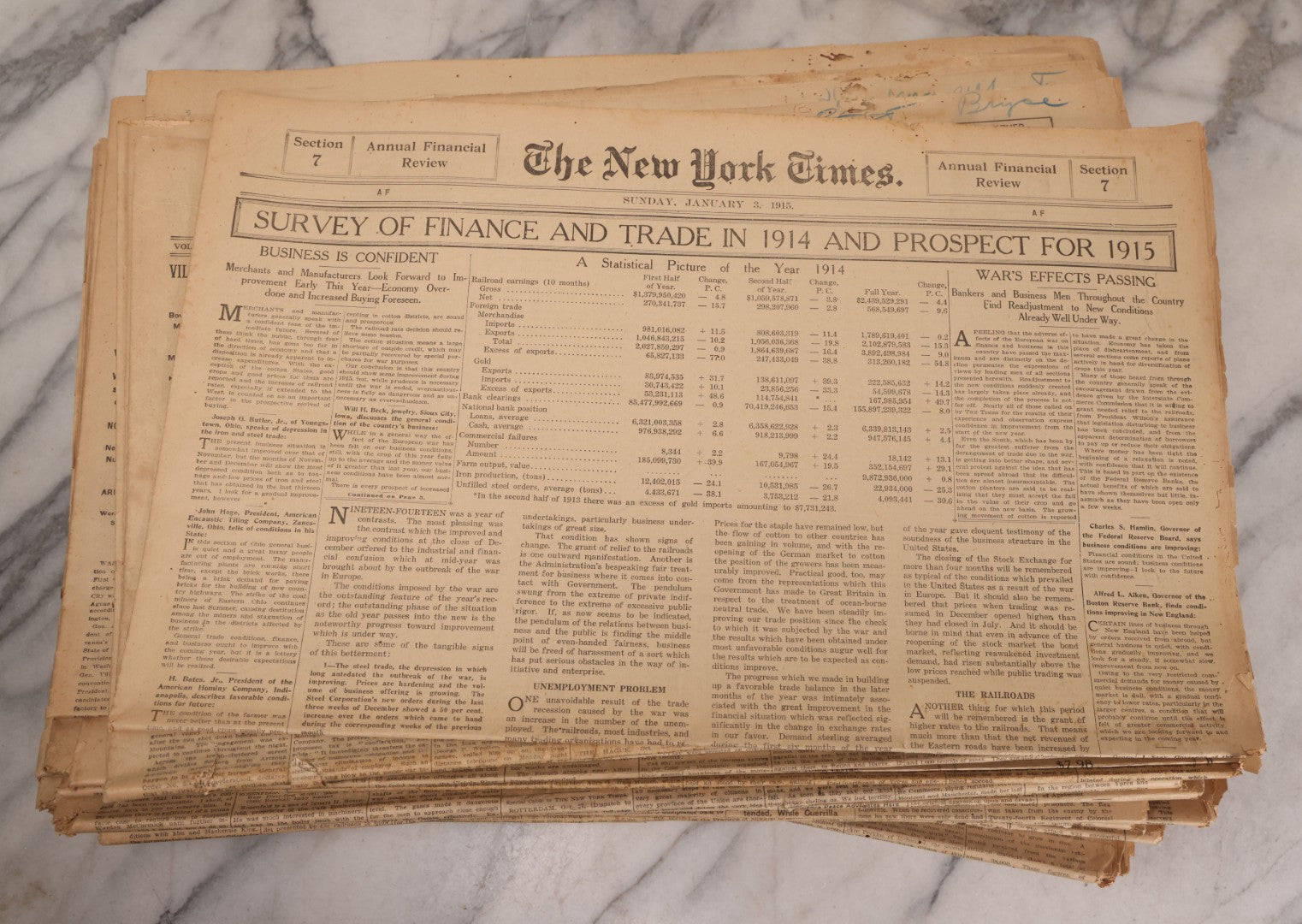 Lot 009 - Grouping Of Approximately 60 Antique New York Times Newspapers From 1914-1915 With Front Page World War I Headlines