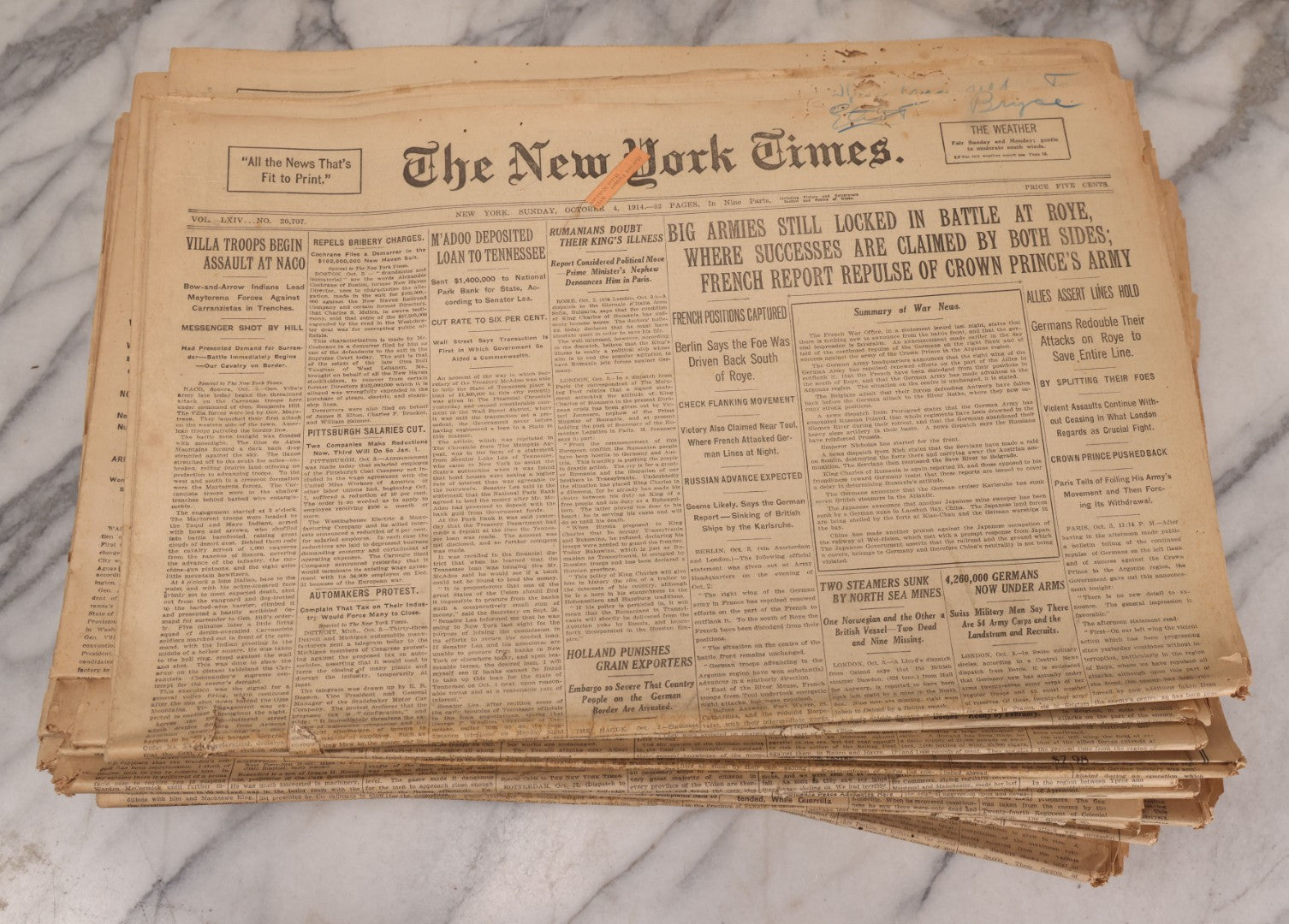 Lot 009 - Grouping Of Approximately 60 Antique New York Times Newspapers From 1914-1915 With Front Page World War I Headlines