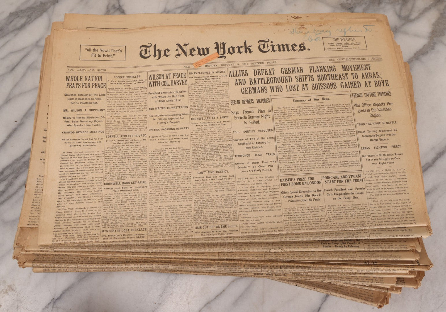 Lot 009 - Grouping Of Approximately 60 Antique New York Times Newspapers From 1914-1915 With Front Page World War I Headlines