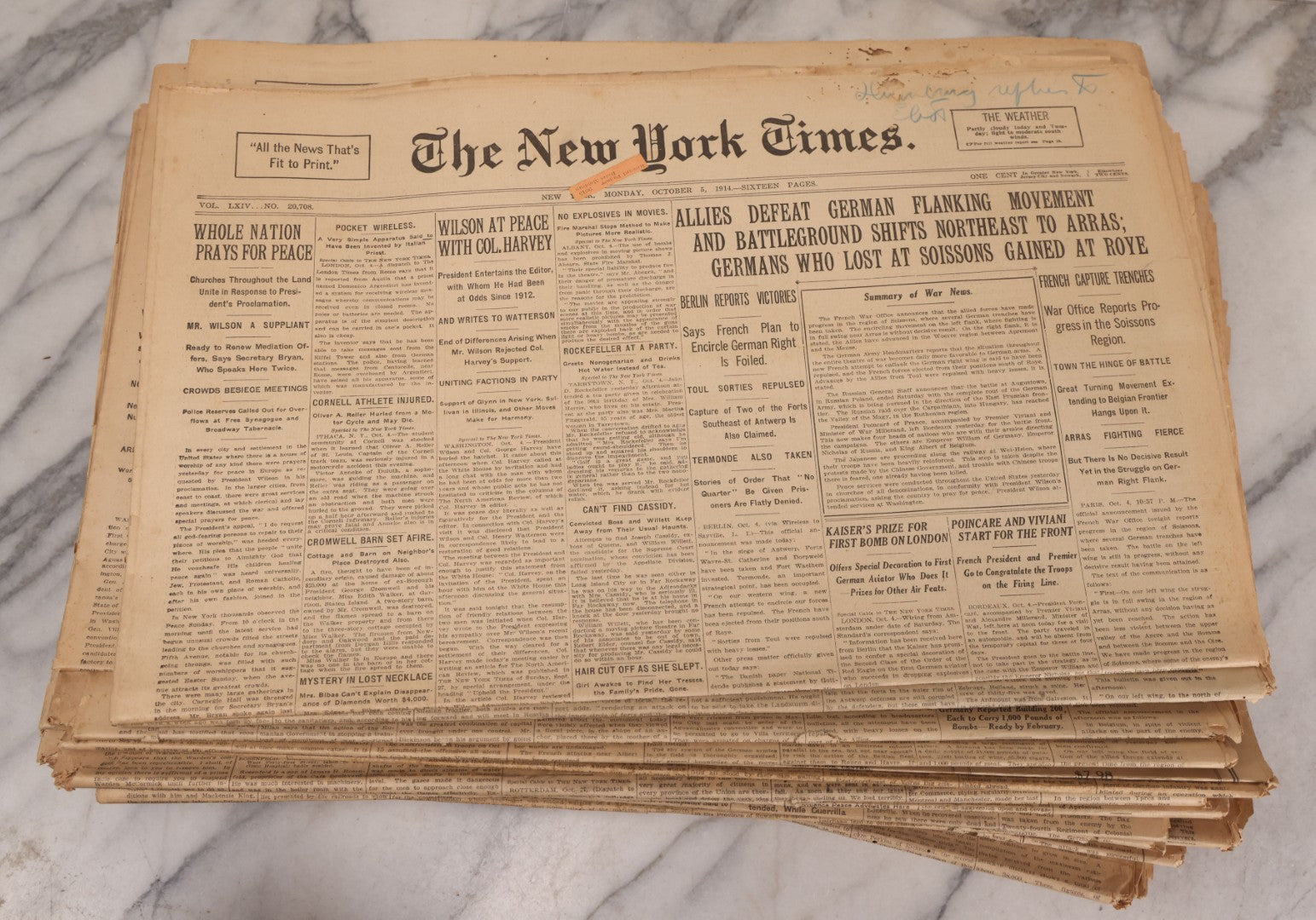Lot 009 - Grouping Of Approximately 60 Antique New York Times Newspapers From 1914-1915 With Front Page World War I Headlines