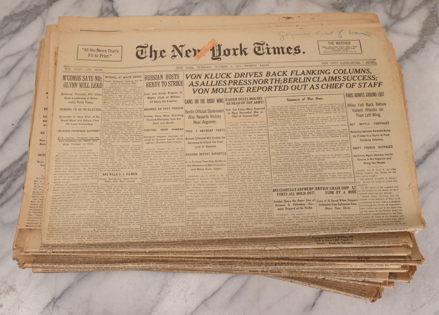 Lot 009 - Grouping Of Approximately 60 Antique New York Times Newspapers From 1914-1915 With Front Page World War I Headlines