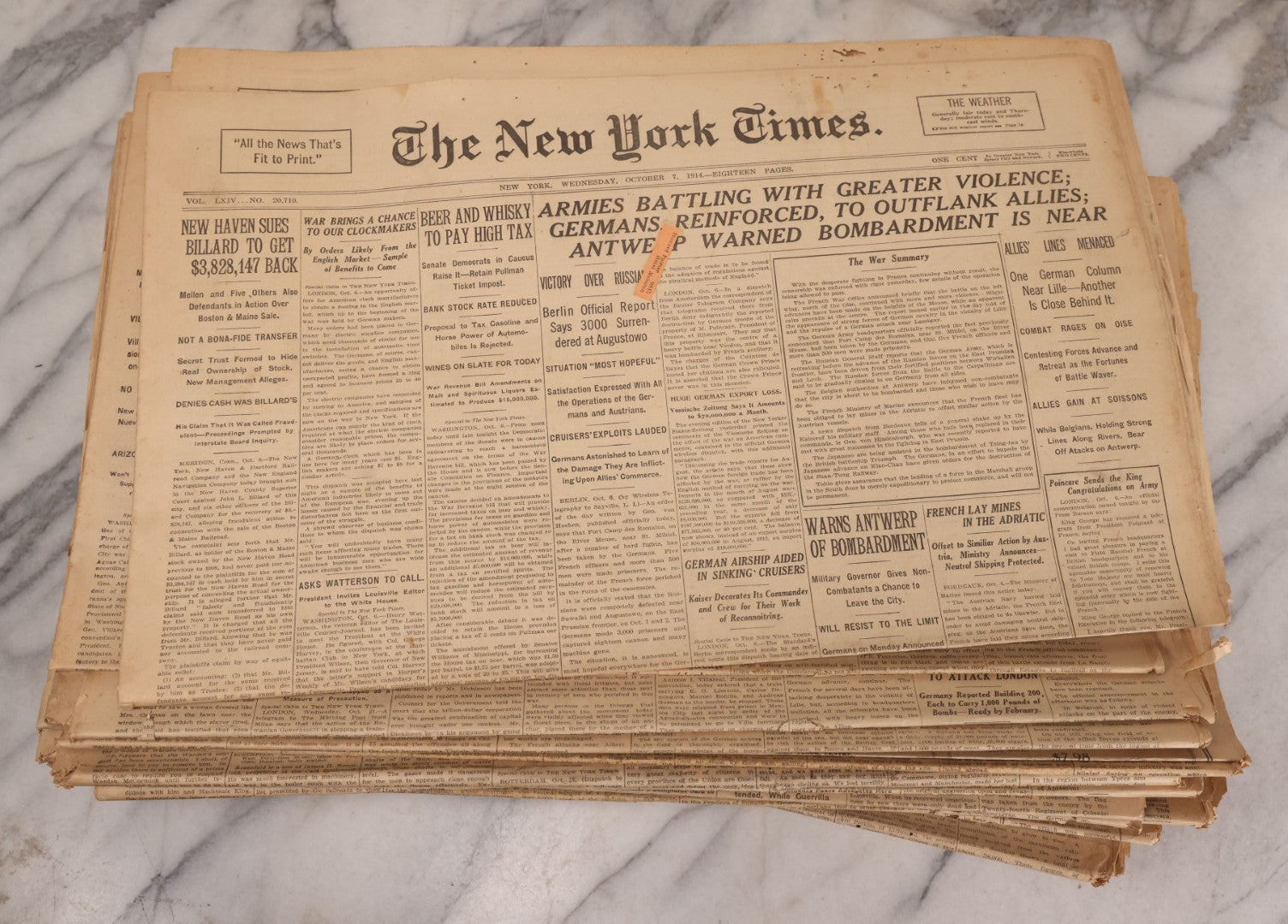 Lot 009 - Grouping Of Approximately 60 Antique New York Times Newspapers From 1914-1915 With Front Page World War I Headlines