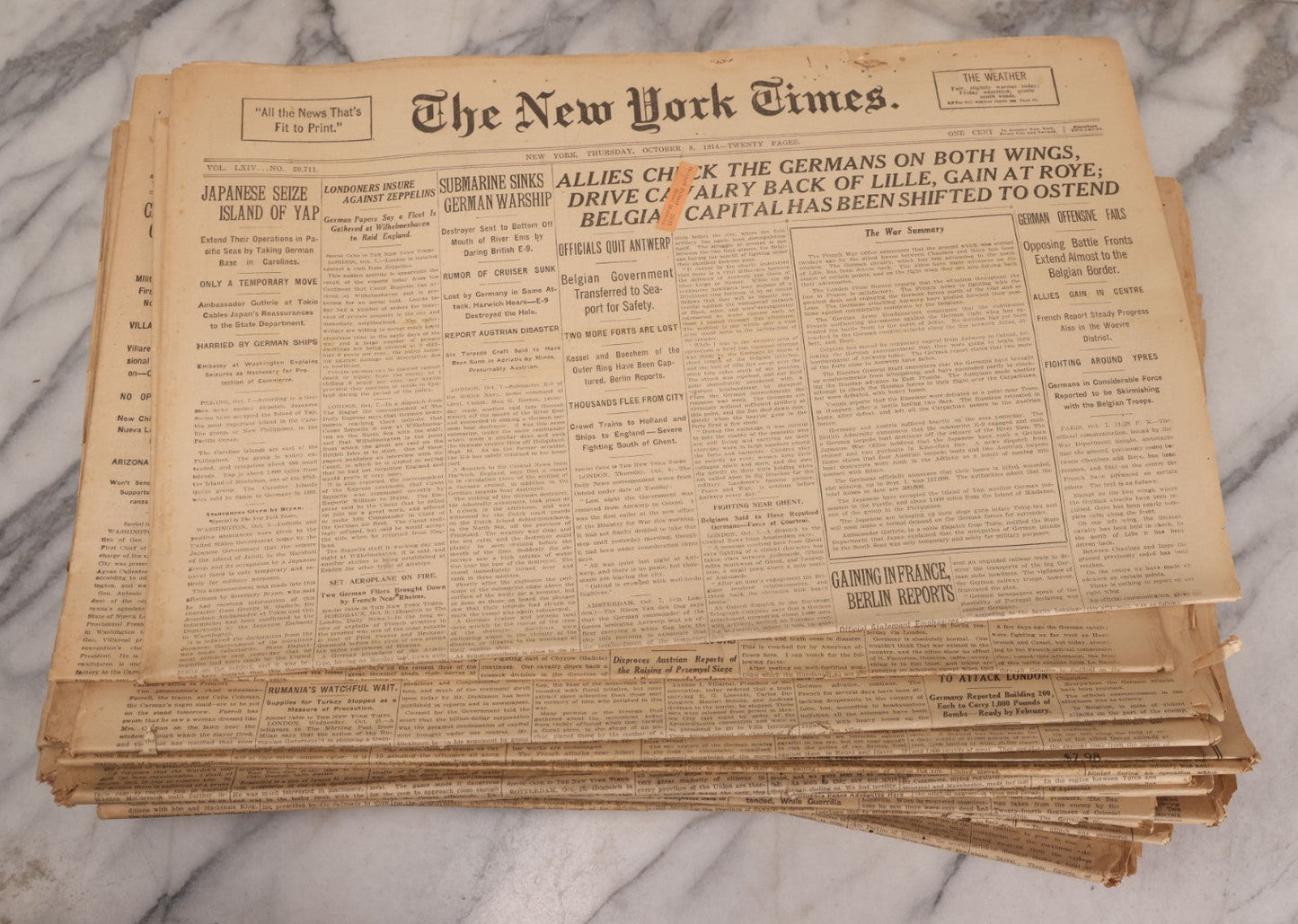 Lot 009 - Grouping Of Approximately 60 Antique New York Times Newspapers From 1914-1915 With Front Page World War I Headlines