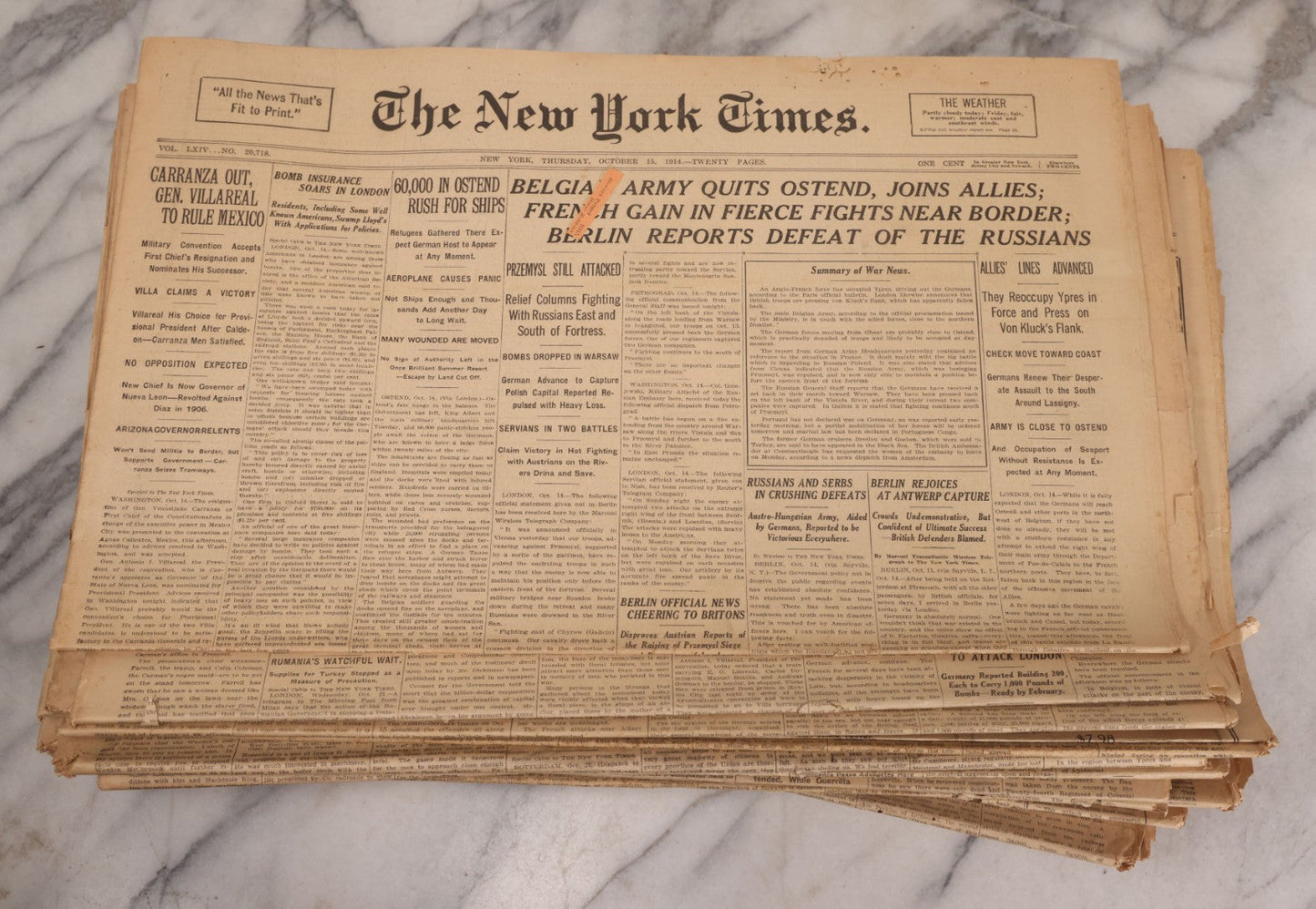 Lot 009 - Grouping Of Approximately 60 Antique New York Times Newspapers From 1914-1915 With Front Page World War I Headlines