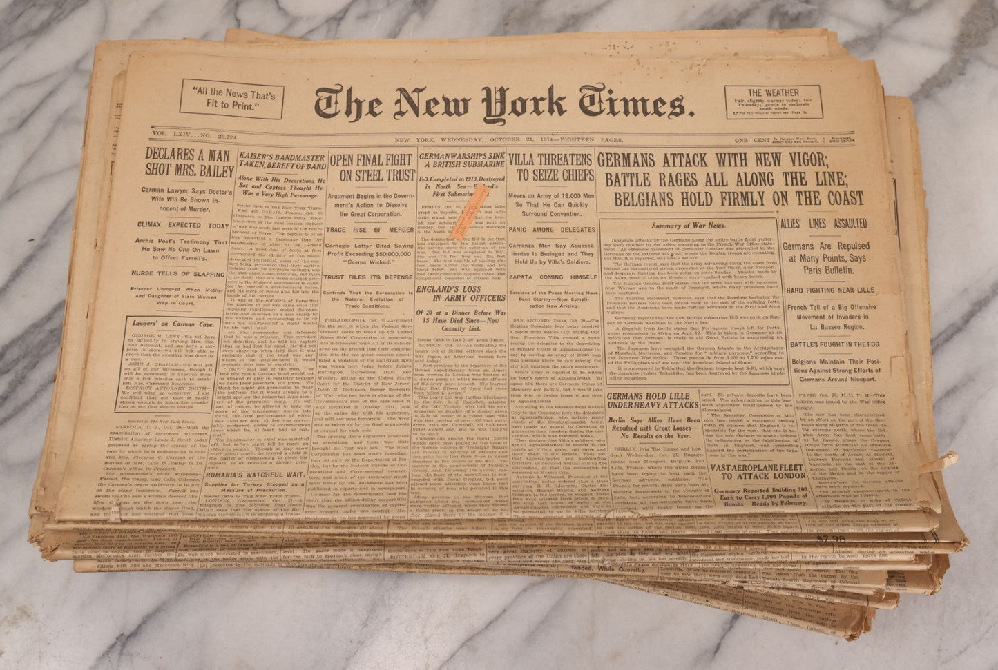 Lot 009 - Grouping Of Approximately 60 Antique New York Times Newspapers From 1914-1915 With Front Page World War I Headlines