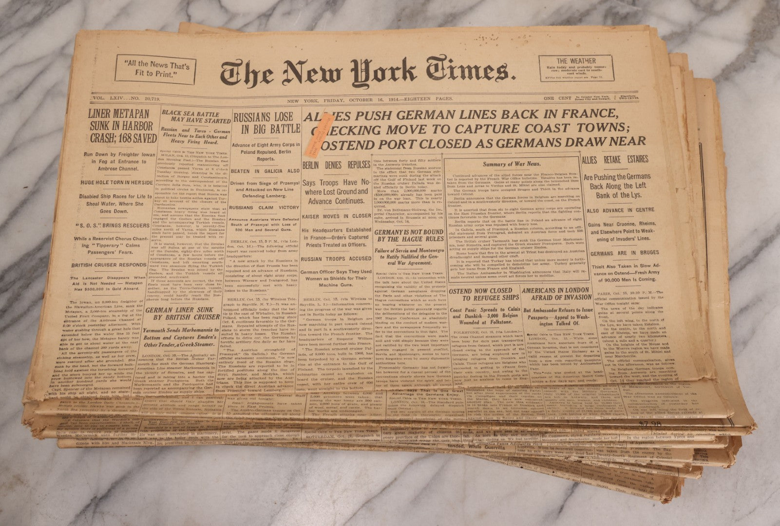 Lot 009 - Grouping Of Approximately 60 Antique New York Times Newspapers From 1914-1915 With Front Page World War I Headlines