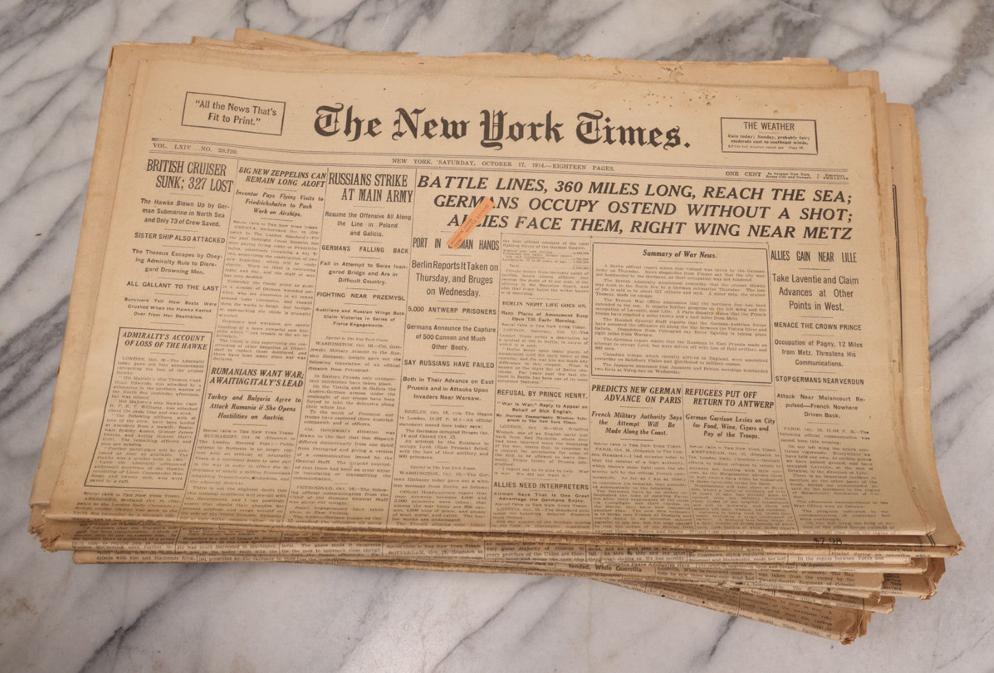 Lot 009 - Grouping Of Approximately 60 Antique New York Times Newspapers From 1914-1915 With Front Page World War I Headlines