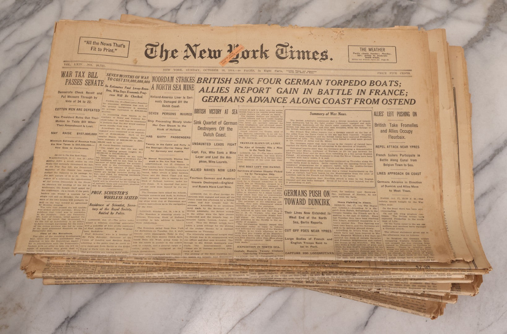 Lot 009 - Grouping Of Approximately 60 Antique New York Times Newspapers From 1914-1915 With Front Page World War I Headlines