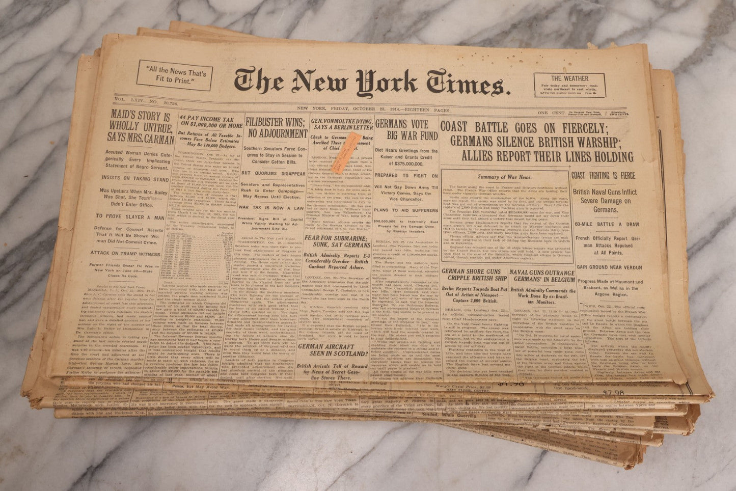 Lot 009 - Grouping Of Approximately 60 Antique New York Times Newspapers From 1914-1915 With Front Page World War I Headlines