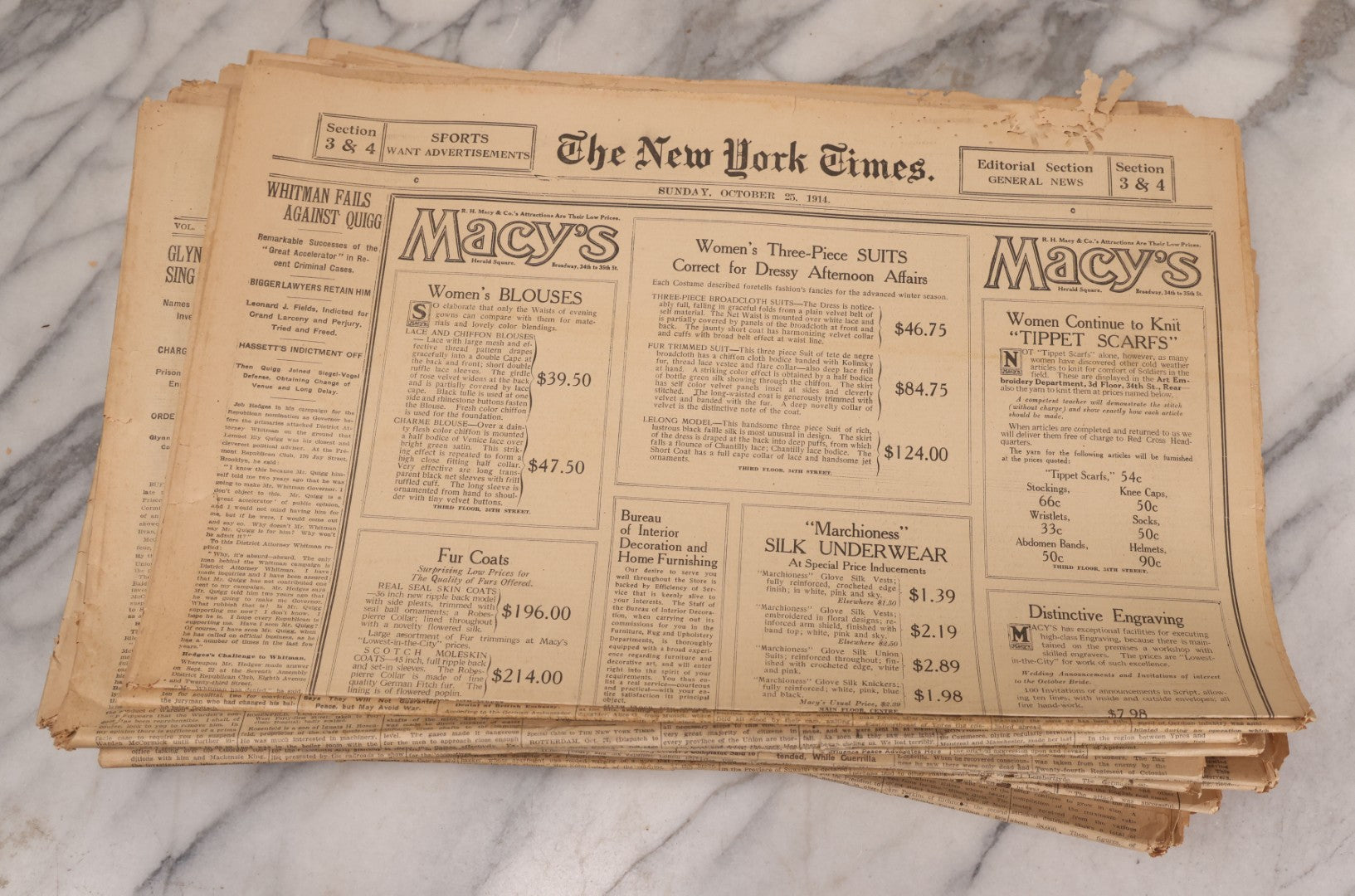 Lot 009 - Grouping Of Approximately 60 Antique New York Times Newspapers From 1914-1915 With Front Page World War I Headlines