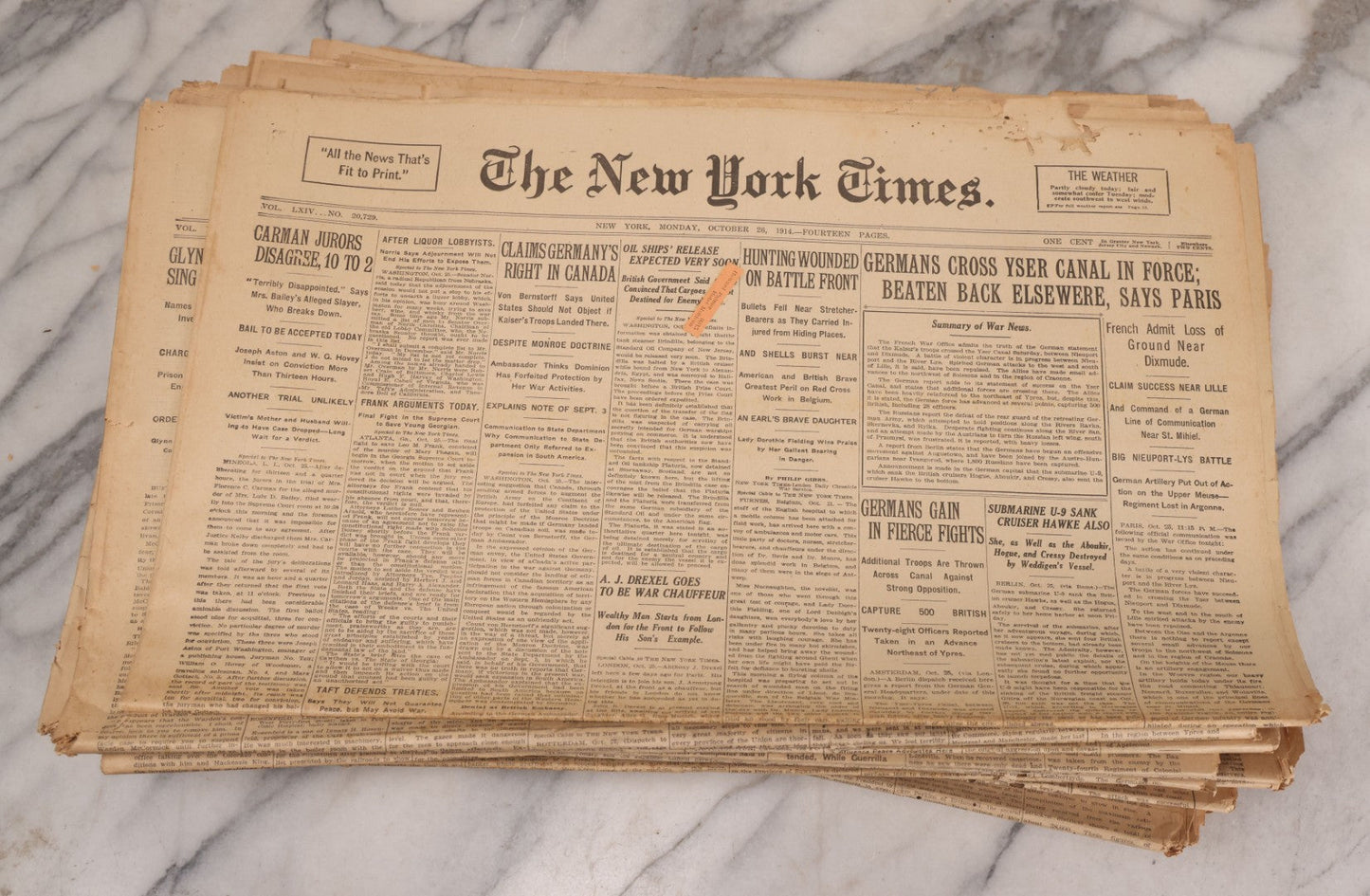 Lot 009 - Grouping Of Approximately 60 Antique New York Times Newspapers From 1914-1915 With Front Page World War I Headlines