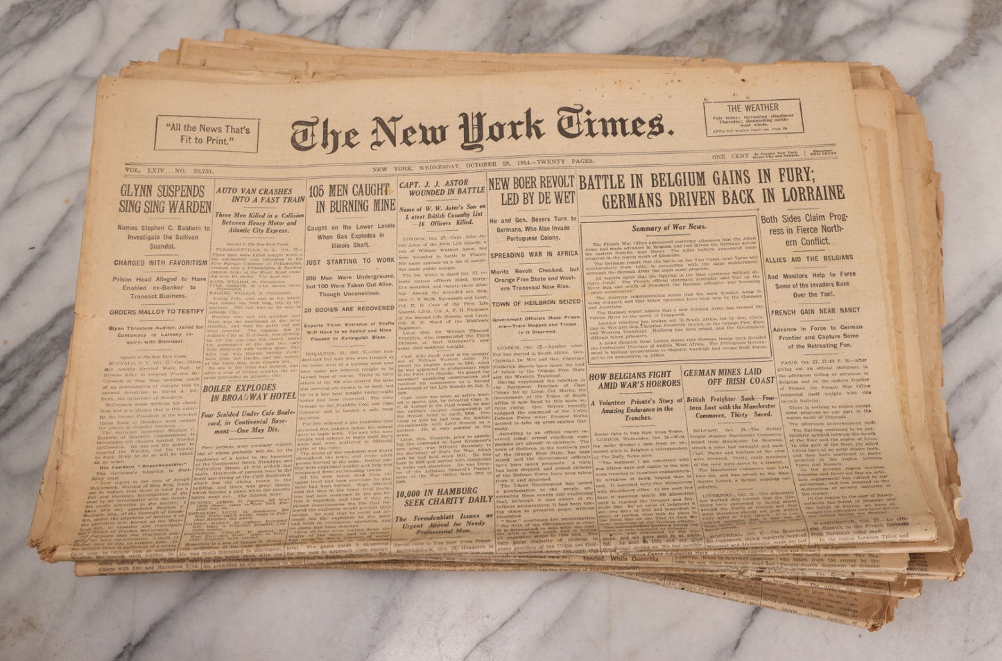 Lot 009 - Grouping Of Approximately 60 Antique New York Times Newspapers From 1914-1915 With Front Page World War I Headlines