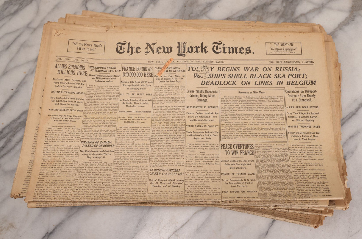 Lot 009 - Grouping Of Approximately 60 Antique New York Times Newspapers From 1914-1915 With Front Page World War I Headlines