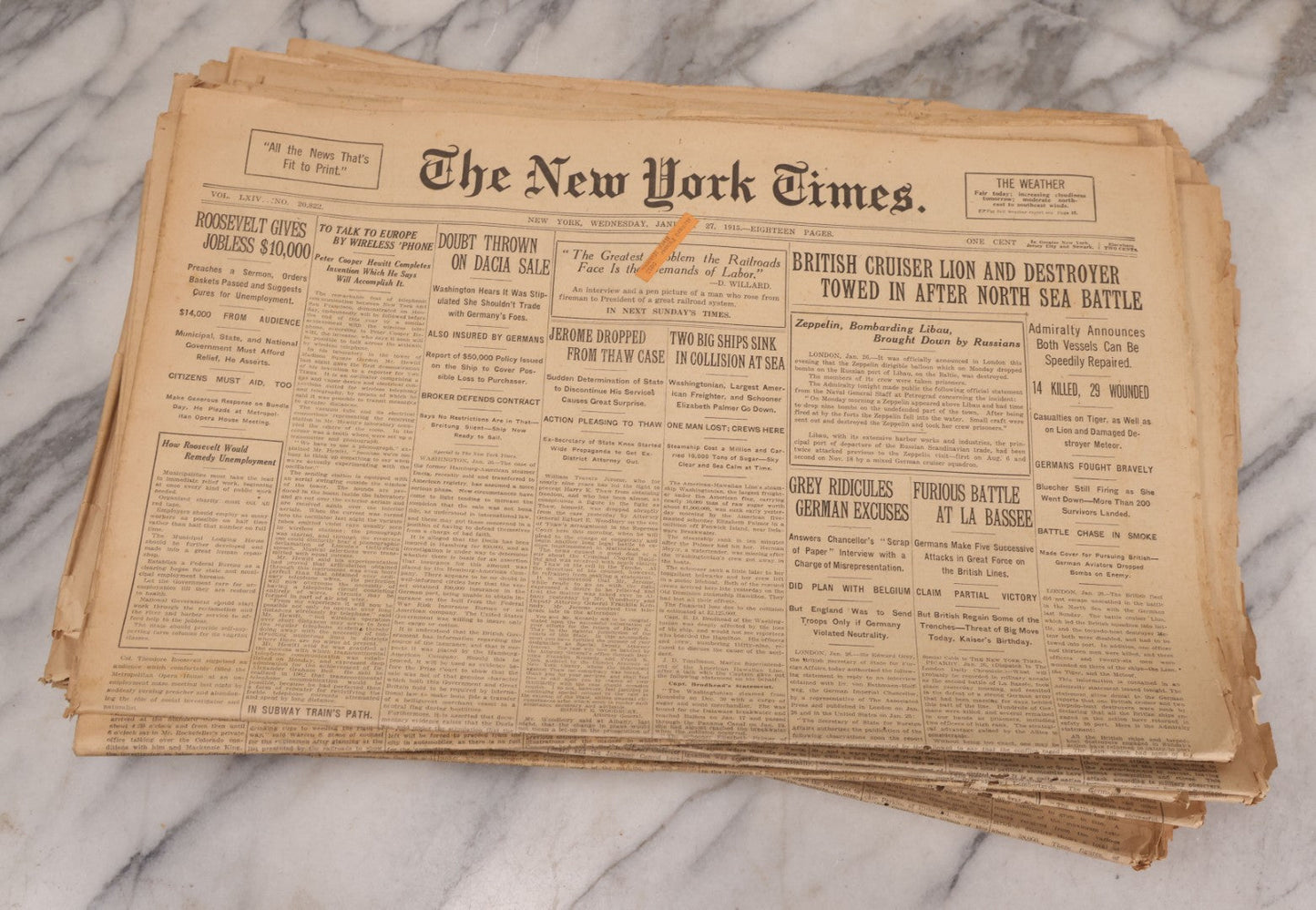 Lot 009 - Grouping Of Approximately 60 Antique New York Times Newspapers From 1914-1915 With Front Page World War I Headlines